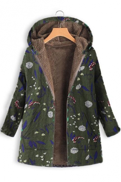 Winter's Chic Floral Printed Long Sleeve Hooded Zip Up Cotton-Padded Coat