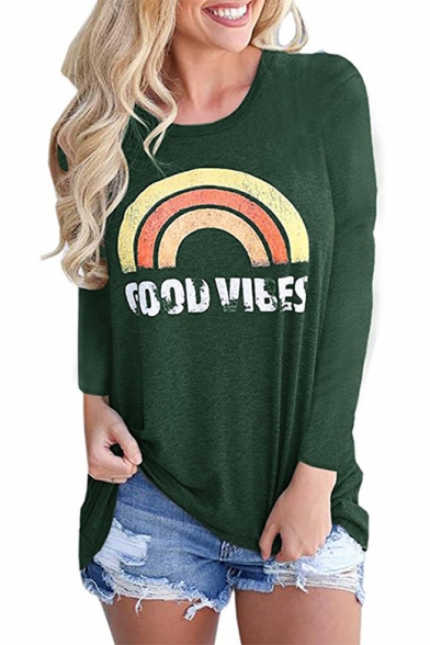 Women's Rainbow Letter Printed Round Neck Long Sleeve Loose Fitted T-Shirt