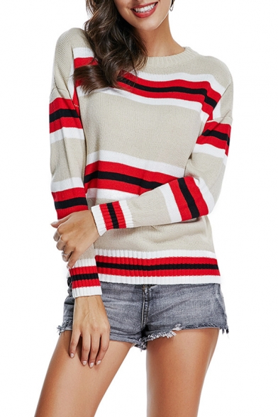 Autumn's New Fashion Striped Printed Round Neck Long Sleeve Slim Khaki Sweater