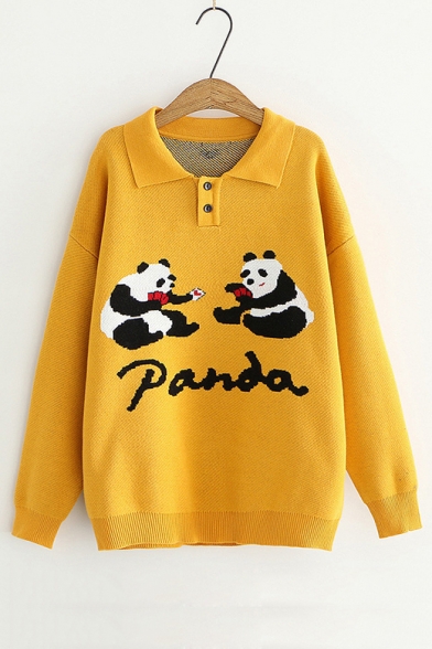 Cartoon Funny Panda Print Polo Collar Button Front Long Sleeve Sweater