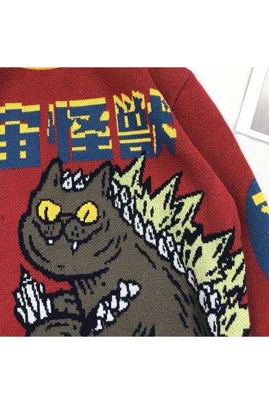 Cartoon Monster Pattern Mock Neck Long Sleeve Casual Loose Red Sweater