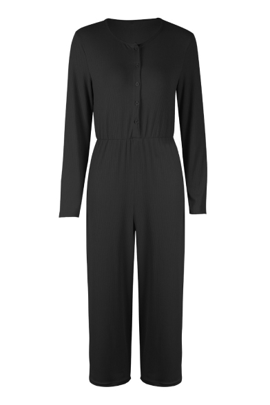 Casual Leisure Long Sleeve Button Front V Neck Solid Wide Legs Jumpsuits