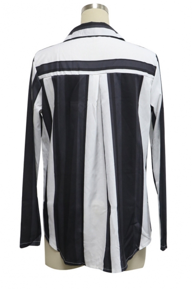 Chic Colorblock Stripes Printed Long Sleeve Lapel Shirt for Women