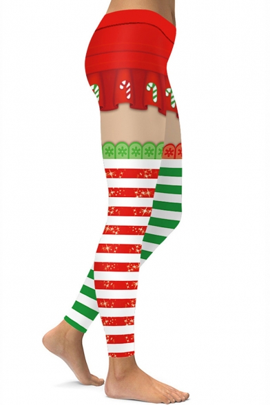 Christmas Red and Green Color Block Elastic Waist Skinny Fit Leggings