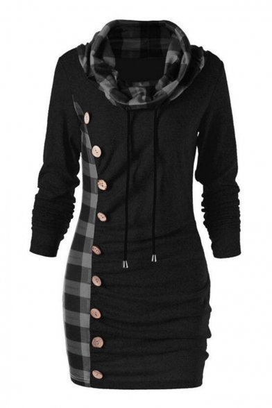 Classic Check Patched Cowl Neck Long Sleeve Slim Fitted Tunic Sweatshirt