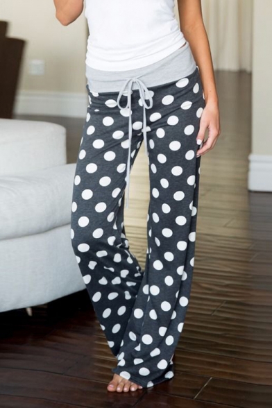 Classic Polka Dot Pattern Elastic Tied Waist Loose Fitted Casual Culottes Pants for Women