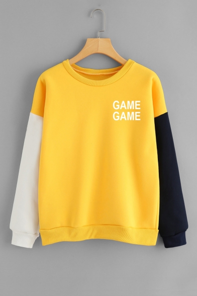 Fashion Colorblock Letter GAME GAME Printed Round Neck Long Sleeve Sweatshirt