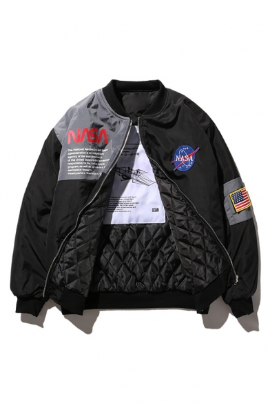 Hip Hop Style Fashion NASA Logo Patched Long Sleeve Zip Up Unisex Jacket