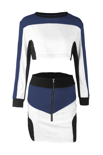 Long Sleeve Round Neck Cropped Top Zip Closure Mini Skirt Color Block Fashion Outfits Co-ords