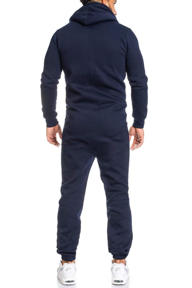 Men's Leisure Long Sleeve Contrast Trim Hooded Zip Front Slim Cotton Sports Jumpsuits