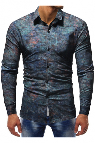 Men's Stylish Tie Dye Long Sleeve Button Down Gray Slim Fit Shirt