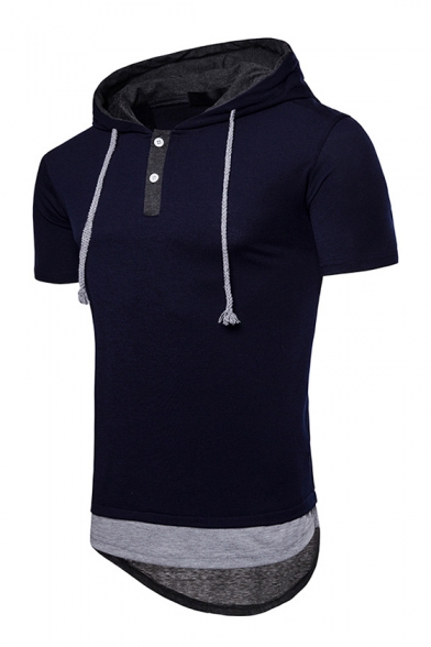 Men's Trendy Short Sleeve Hooded Colorblock Round Hem Button Front Slim Fitted T-Shirt