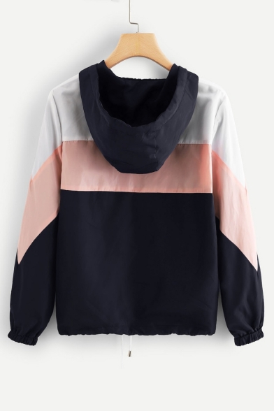New Trendy Hooded Long Sleeve Fashion Color Block Drawstring Hem Zip Up Sports Coat