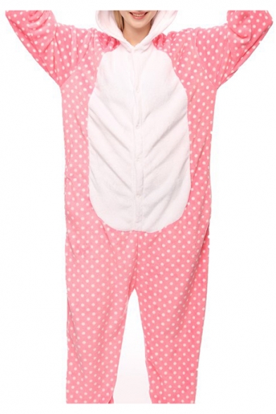 Pink Polka Dot Cat Cosplay Carnival Fleece Onesie Costume Sleepwear Pajama