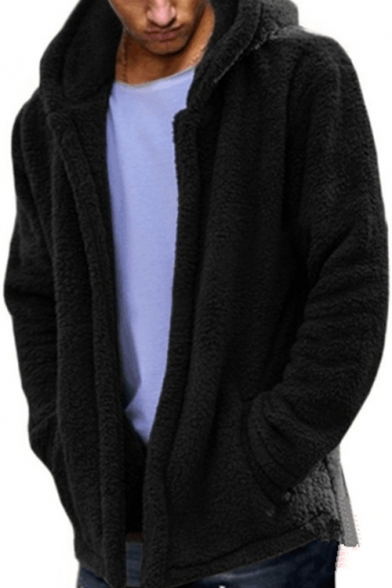 Simple Loose Long Sleeve Plain Zip Placket Hooded Fleece Coat for Men