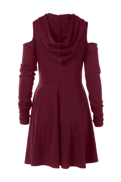 Solid Long Sleeve Open Front Hooded Cold Shoulder Midi A-Line Hoodie Dress