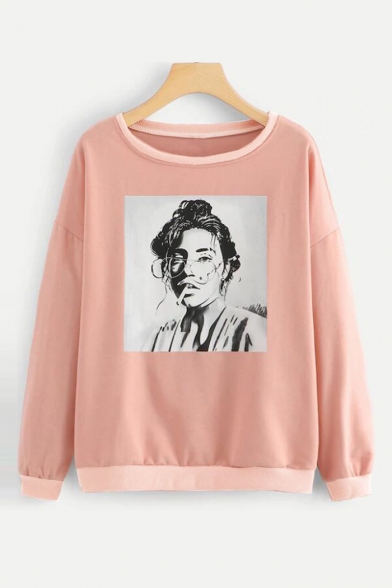 

Unique Portrait Pattern Round Neck Long Sleeve Pink Casual Loose Sweatshirt