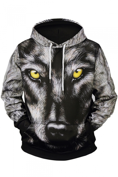 Winter's 3D Wolf Printed Long Sleeve Black Hoodie for Men