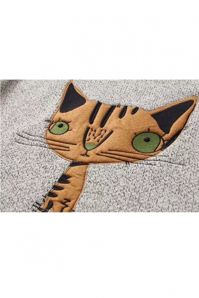 Winter's New Arrival Long Sleeve Crewneck Cartoon Cat Embroidered Tunic Loose Fit Sweater