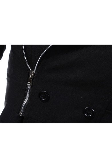 Winter's Notched Lapel Collar Long Sleeve Zip Embellished Double Breasted Woolen Black Coat