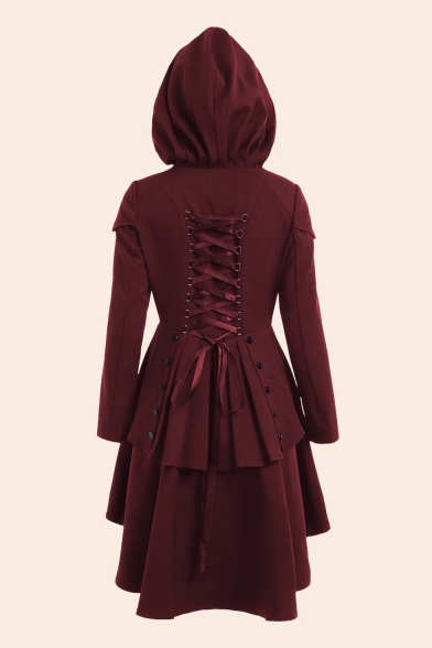 Women's Hooded Long Sleeve Lace-Up Back Button Front High Low Hem Longline Trench Coat