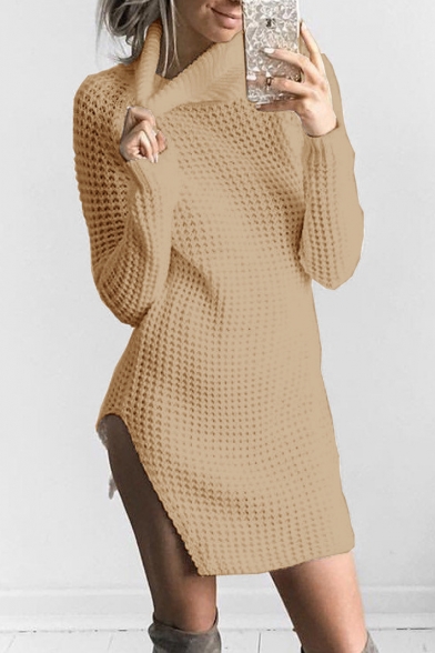 Women's Turtleneck Long Sleeve Sexy Split Side Mini Sheath Hollow Out Sweater Dress