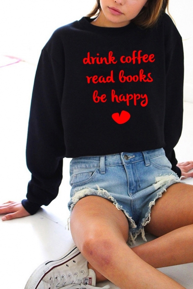Chic Letter Sweet Heart Printed Long Sleeve Loose Crewneck Cotton Sweatshirt for Girls