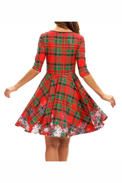 Classic Red and Green Check Printed Half Sleeve Midi A-Line Dress for Women