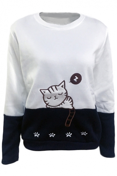 Color Block Cartoon Sleeping Cat Pattern Crewneck Long Sleeve Sweatshirt