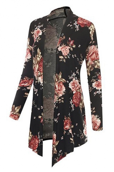 Fashion Black Floral Printed Long Sleeve Open Front Asymmetrical Coat