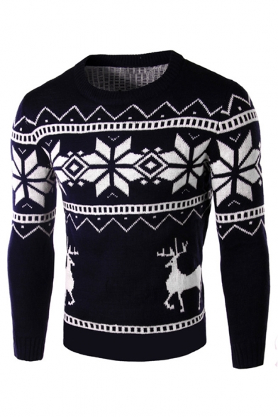 Fashion Deer Snowflake Printed Long Sleeve Crewneck Fitted Sweater
