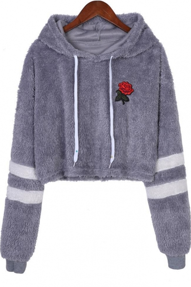 Floral Embroidered Chic Striped Long Sleeve Cropped Gray Fleece Hoodie