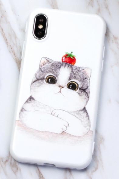 Girls' Cute Apple Cartoon Cat Printed White iPhone Case