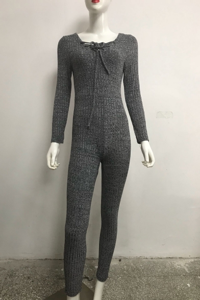 Gray Lace-Up Front Long Sleeve Ribbed Knit Slim Fitted Jumpsuits