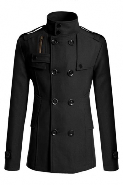 Hot Fashion Men's Stand Collar Long Sleeve Double Breasted Gathered Waist Slim Woolen Coat