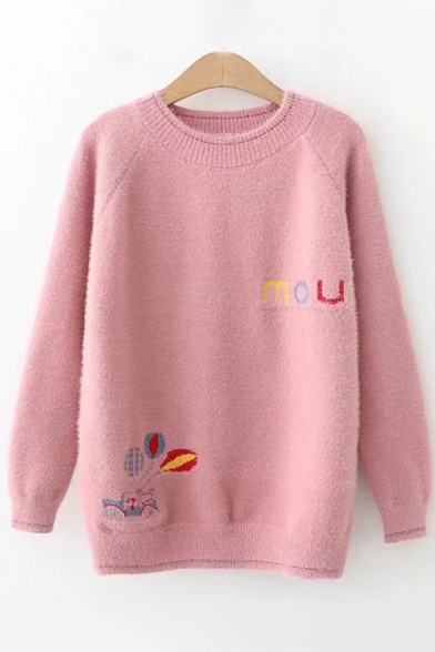 Lovely Cartoon Balloon Car Letter Embroidered Round Neck Long Sleeve Sweater