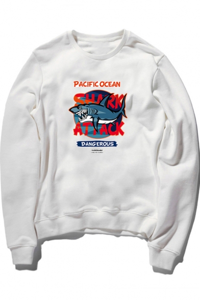 Lovely Cartoon Shark Attack Pattern Long Sleeve Crewneck Cotton Sweatshirt