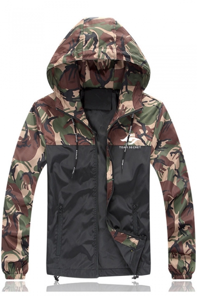Men's Autumn Stylish Colorblock Camouflage Pattern Long Sleeve Hooded Zip Up Jacke