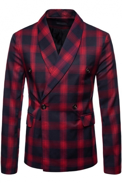 Men's Classic Plaid Pattern Long Sleeve Double Button Front Fitted Blazer Coat