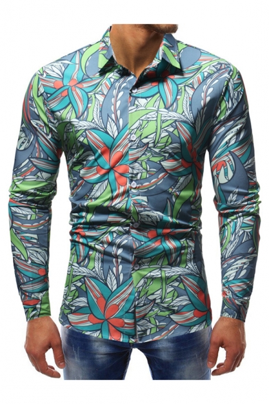 Men's Unique Pattern Long Sleeve Lapel Collar Button Front Blue Shirt