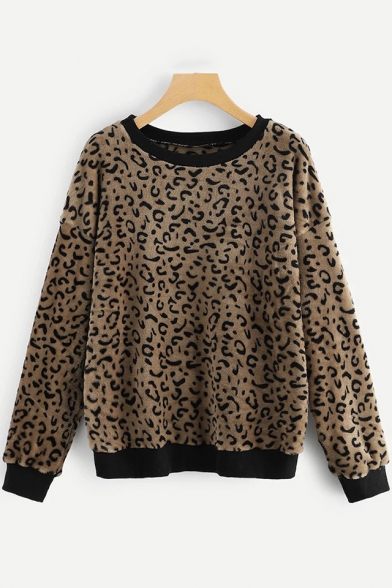 New Arrival Trendy Leopard Printed Round Neck Long Sleeve Pullover Fleece Coffee Sweatshirt