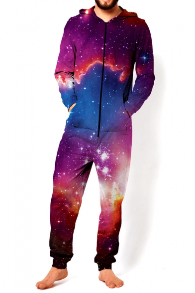 New Trendy 3D Red Galaxy Pattern Long Sleeve Hooded Loose Leisure Jumpsuits