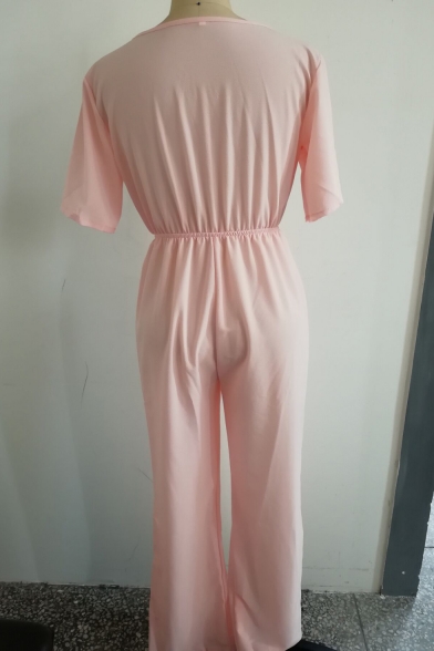 Plunge Neck Short Sleeve Loose Fitted Wide Legs Pink Jumpsuits