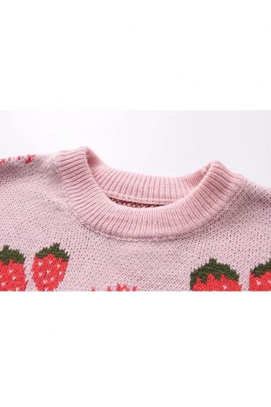 Popular All Over Strawberry Printed Long Sleeve Crewneck Pink Knit Fitted Sweater