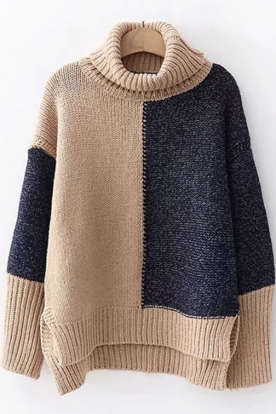 Stylish Colorblock Two-Tone Turtleneck Long Sleeve Sweater for Juniors