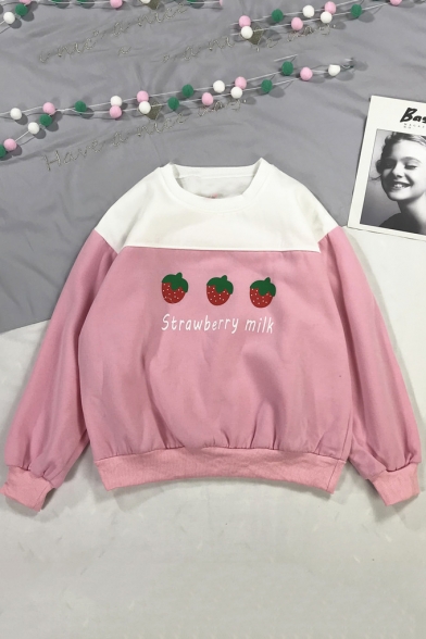 Three Strawberry Letter Pattern Round Neck Long Sleeve Pullover Pink Sweatshirt