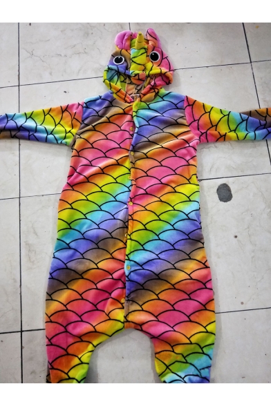 Trendy Color Block Long Sleeve Button Front Fish Scale Unicorn Onesie Pajamas