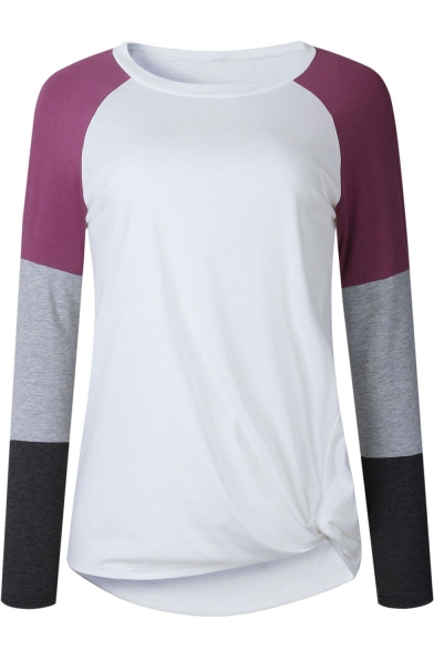 Trendy Color Block Long Sleeve Round Neck Twist Hem Loose Casual T-Shirt