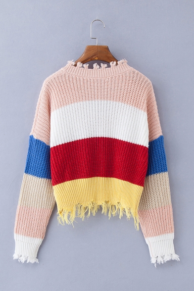 Unique Fringed Hem Long Sleeve V Neck Color Block Cropped Loose Fitted Sweater