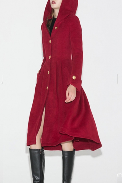 Women's Winter Hooded Long Sleeve Button Down A-Line Longline Solid Woolen Coat